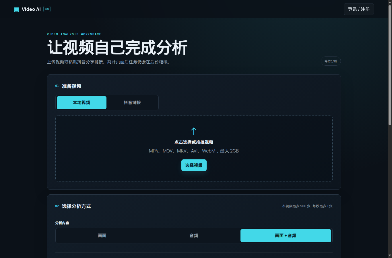 视频AI分析工具界面：粘贴抖音链接或上传本地视频，选择画面与音频分析方式